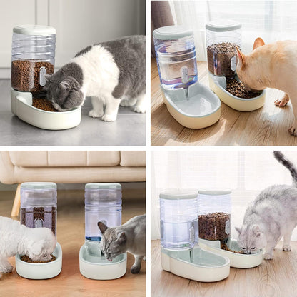 Automatic Cat Feeder and Water Dispenser with Stainless Steel Bowl Gravity Food Feeder and Waterer Set for Small Medium Dog Puppy Kitten 1 Gallon x 2(Grey)