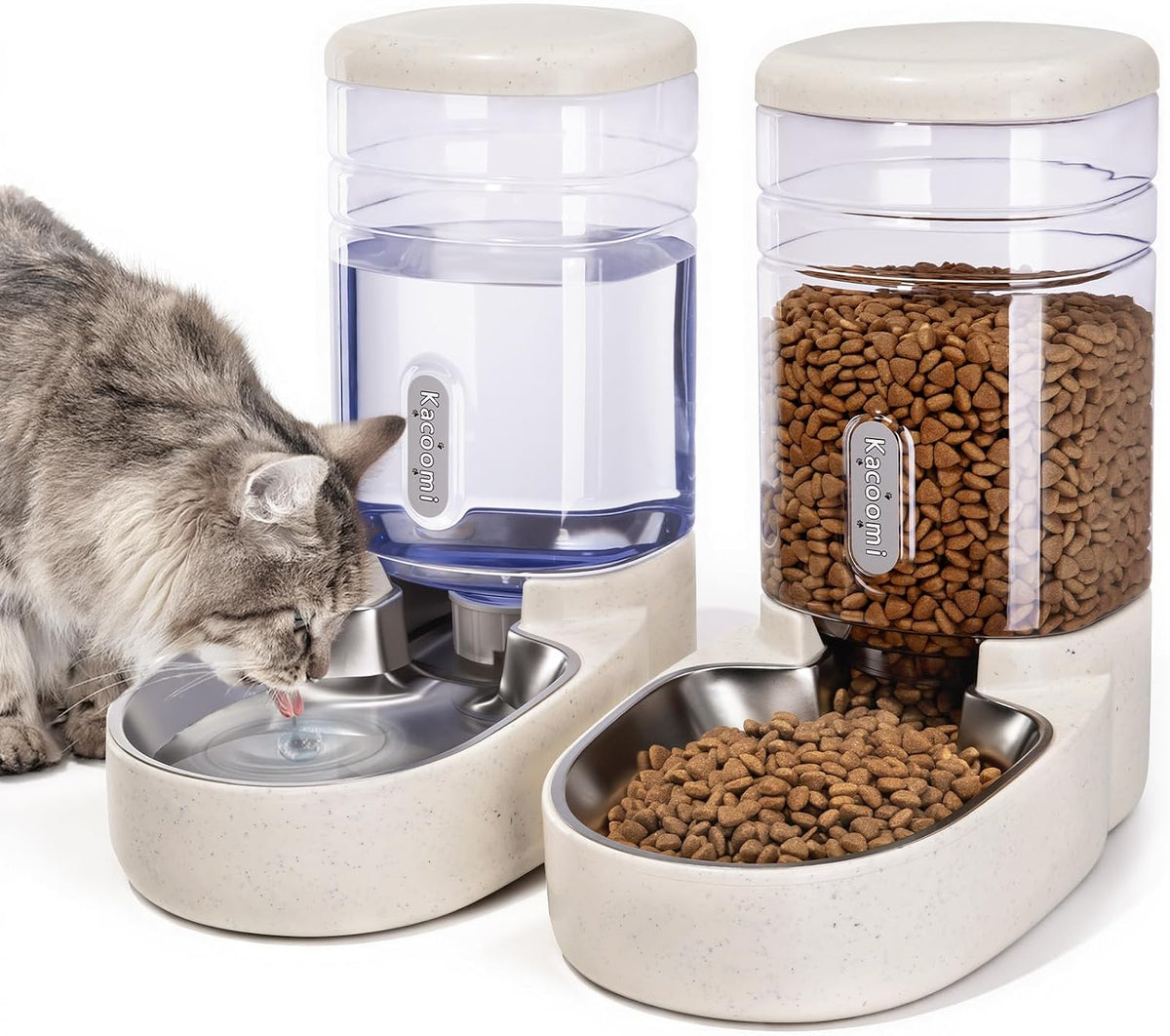 Automatic Cat Feeder and Water Dispenser with Stainless Steel Bowl Gravity Food Feeder and Waterer Set for Small Medium Dog Puppy Kitten 1 Gallon x 2(Grey)