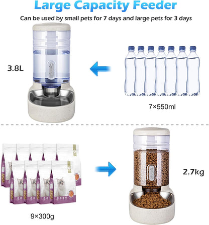 Automatic Cat Feeder and Water Dispenser with Stainless Steel Bowl Gravity Food Feeder and Waterer Set for Small Medium Dog Puppy Kitten 1 Gallon x 2(Grey)