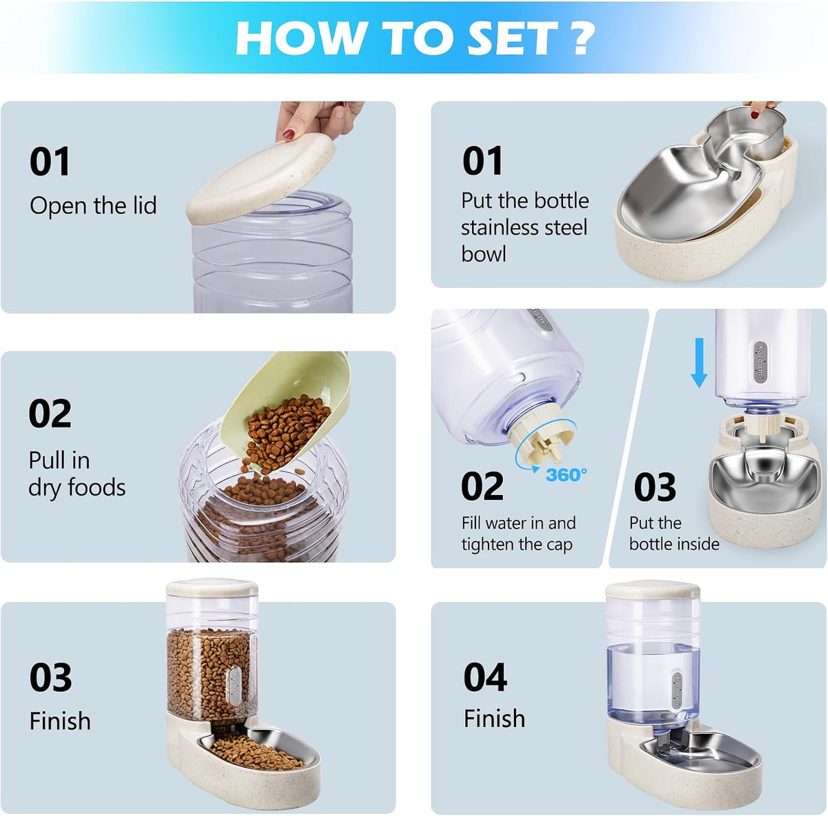 Automatic Cat Feeder and Water Dispenser with Stainless Steel Bowl Gravity Food Feeder and Waterer Set for Small Medium Dog Puppy Kitten 1 Gallon x 2(Grey)