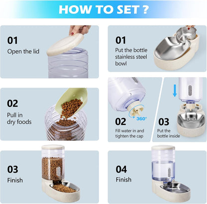 Automatic Cat Feeder and Water Dispenser with Stainless Steel Bowl Gravity Food Feeder and Waterer Set for Small Medium Dog Puppy Kitten 1 Gallon x 2(Grey)