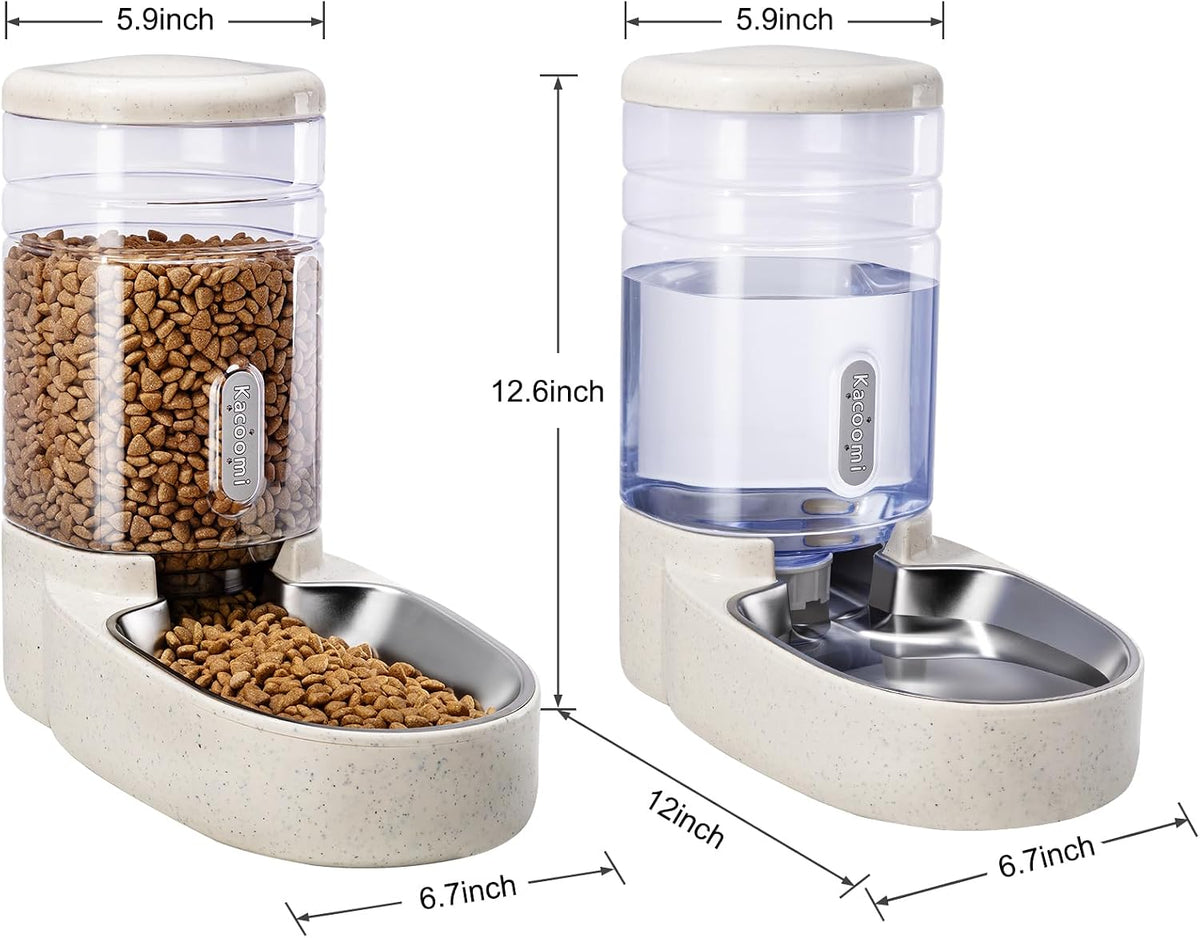 Automatic Cat Feeder and Water Dispenser with Stainless Steel Bowl Gravity Food Feeder and Waterer Set for Small Medium Dog Puppy Kitten 1 Gallon x 2(Grey)