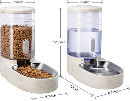 Automatic Cat Feeder and Water Dispenser with Stainless Steel Bowl Gravity Food Feeder and Waterer Set for Small Medium Dog Puppy Kitten 1 Gallon x 2(Grey)