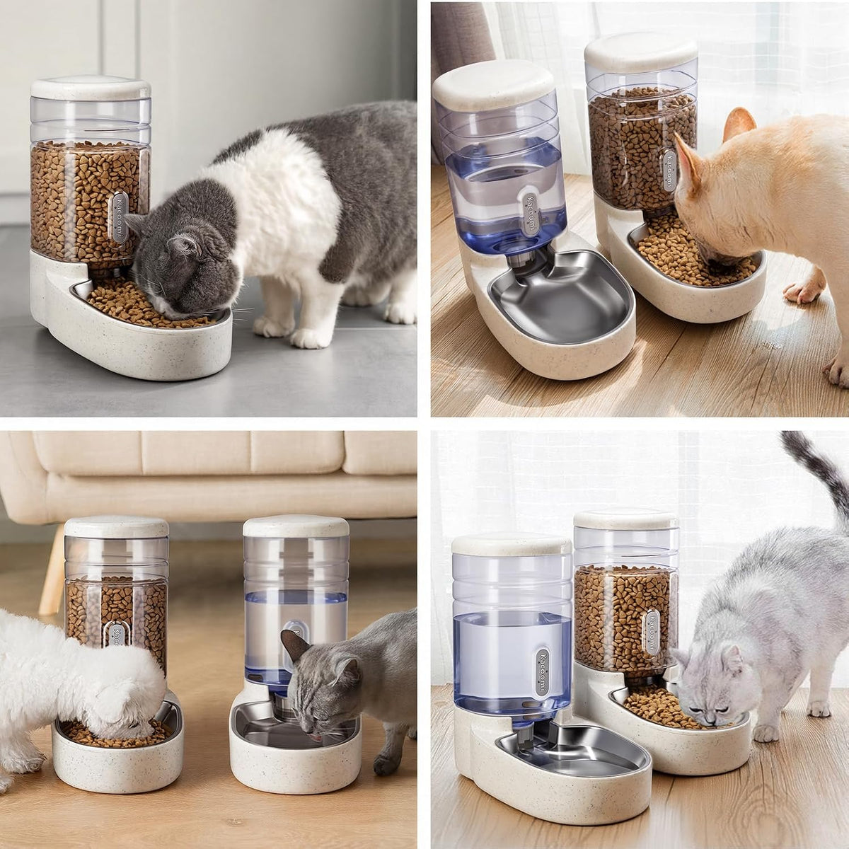 Automatic Cat Feeder and Water Dispenser with Stainless Steel Bowl Gravity Food Feeder and Waterer Set for Small Medium Dog Puppy Kitten 1 Gallon x 2(Grey)