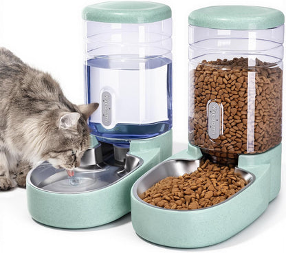 Automatic Cat Feeder and Water Dispenser with Stainless Steel Bowl Gravity Food Feeder and Waterer Set for Small Medium Dog Puppy Kitten 1 Gallon x 2(Grey)