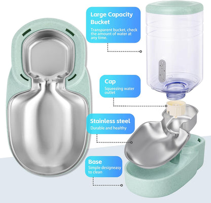 Automatic Cat Feeder and Water Dispenser with Stainless Steel Bowl Gravity Food Feeder and Waterer Set for Small Medium Dog Puppy Kitten 1 Gallon x 2(Grey)