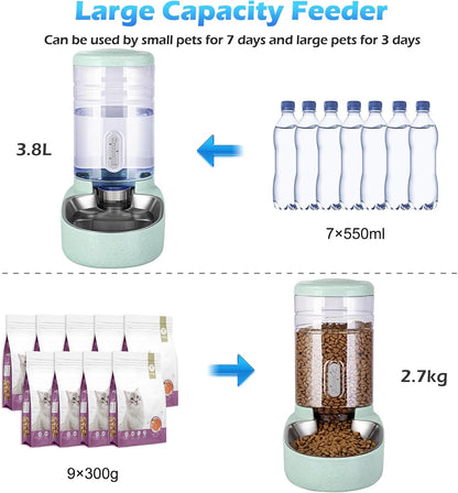 Automatic Cat Feeder and Water Dispenser with Stainless Steel Bowl Gravity Food Feeder and Waterer Set for Small Medium Dog Puppy Kitten 1 Gallon x 2(Grey)