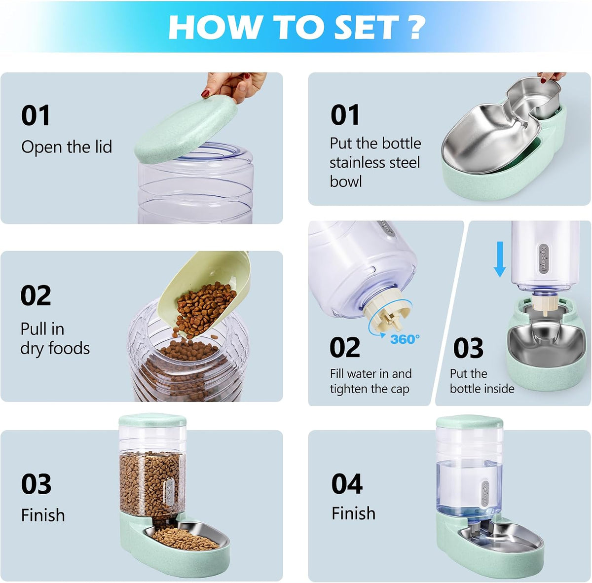 Automatic Cat Feeder and Water Dispenser with Stainless Steel Bowl Gravity Food Feeder and Waterer Set for Small Medium Dog Puppy Kitten 1 Gallon x 2(Grey)