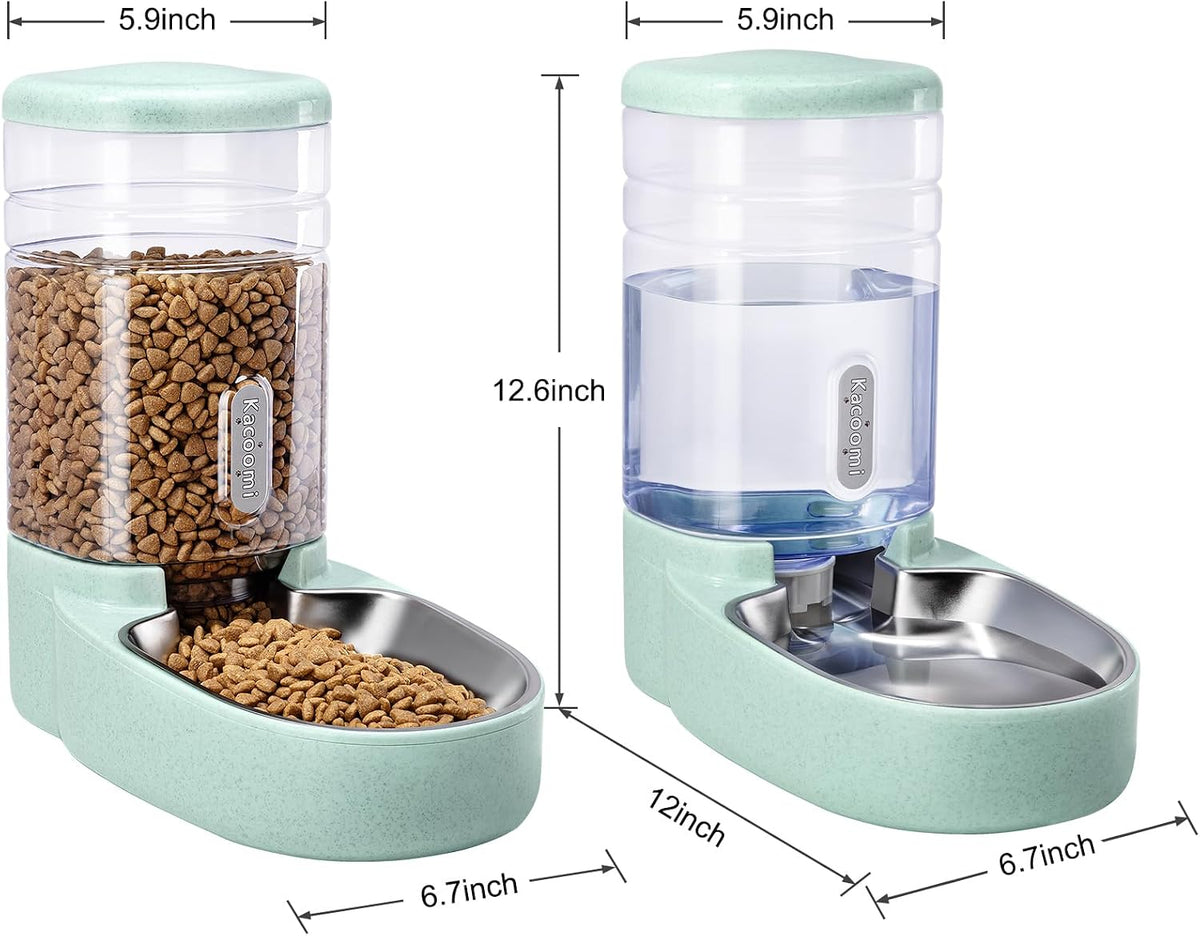Automatic Cat Feeder and Water Dispenser with Stainless Steel Bowl Gravity Food Feeder and Waterer Set for Small Medium Dog Puppy Kitten 1 Gallon x 2(Grey)