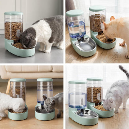 Automatic Cat Feeder and Water Dispenser with Stainless Steel Bowl Gravity Food Feeder and Waterer Set for Small Medium Dog Puppy Kitten 1 Gallon x 2(Grey)