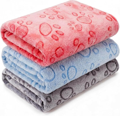 1 Pack 3 Blankets Super Soft Fluffy Premium Fleece Pet Blanket Flannel Paw Printed Throw for Dog Puppy Cat (Small 23x16'', Brown, Pink, White)