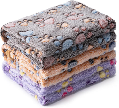 1 Pack 3 Blankets Super Soft Fluffy Premium Fleece Pet Blanket Flannel Paw Printed Throw for Dog Puppy Cat (Small 23x16'', Brown, Pink, White)