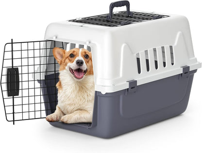 22-Inch Dog Crate Plastic 2-Door Top Loading Cat Carrier, Hard-Sided Dog Travel Carrier for Small Dogs and Cats, Ventilation and Security Lock Design for Pets up to 22 lbs (Grey)