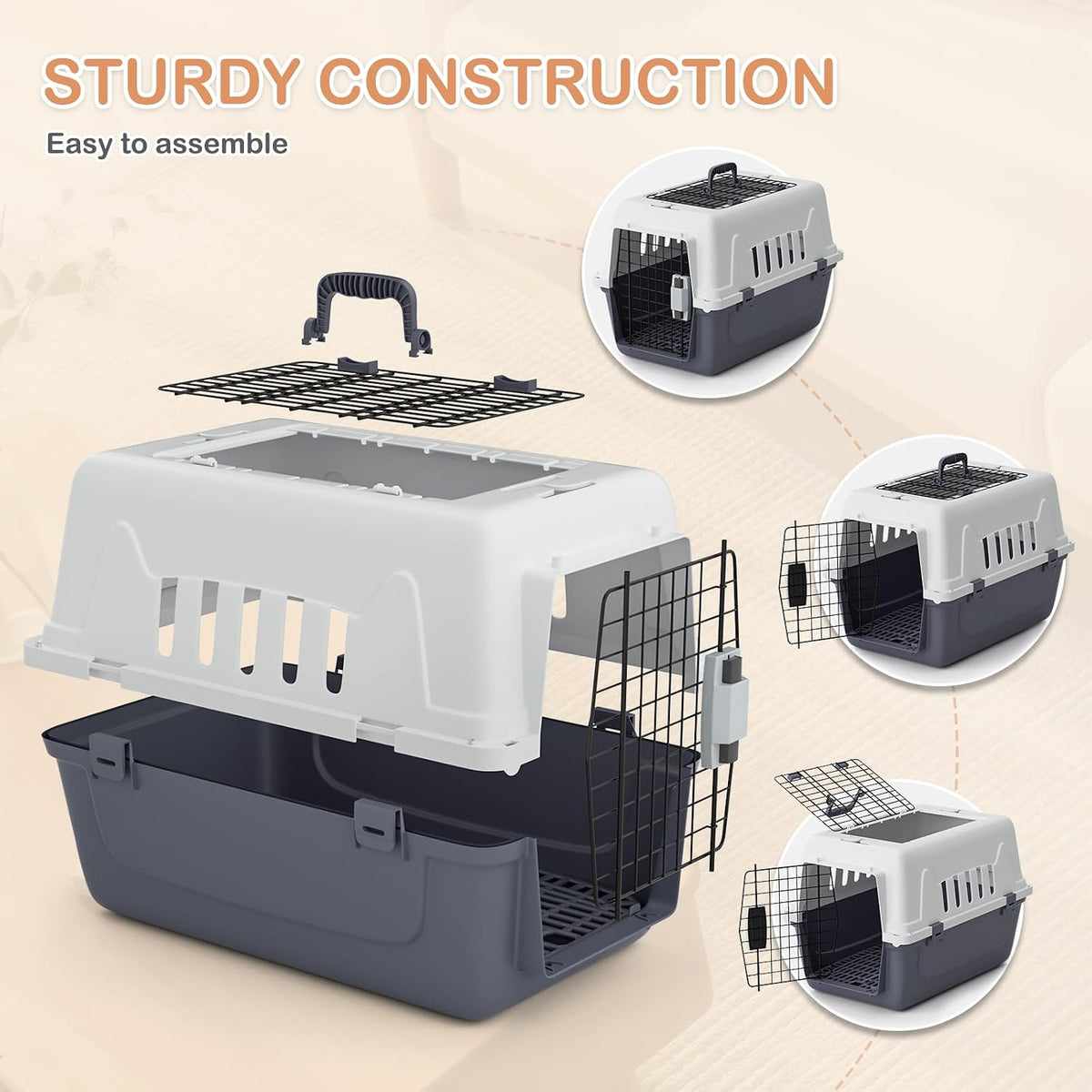 22-Inch Dog Crate Plastic 2-Door Top Loading Cat Carrier, Hard-Sided Dog Travel Carrier for Small Dogs and Cats, Ventilation and Security Lock Design for Pets up to 22 lbs (Grey)