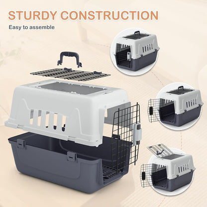 22-Inch Dog Crate Plastic 2-Door Top Loading Cat Carrier, Hard-Sided Dog Travel Carrier for Small Dogs and Cats, Ventilation and Security Lock Design for Pets up to 22 lbs (Grey)