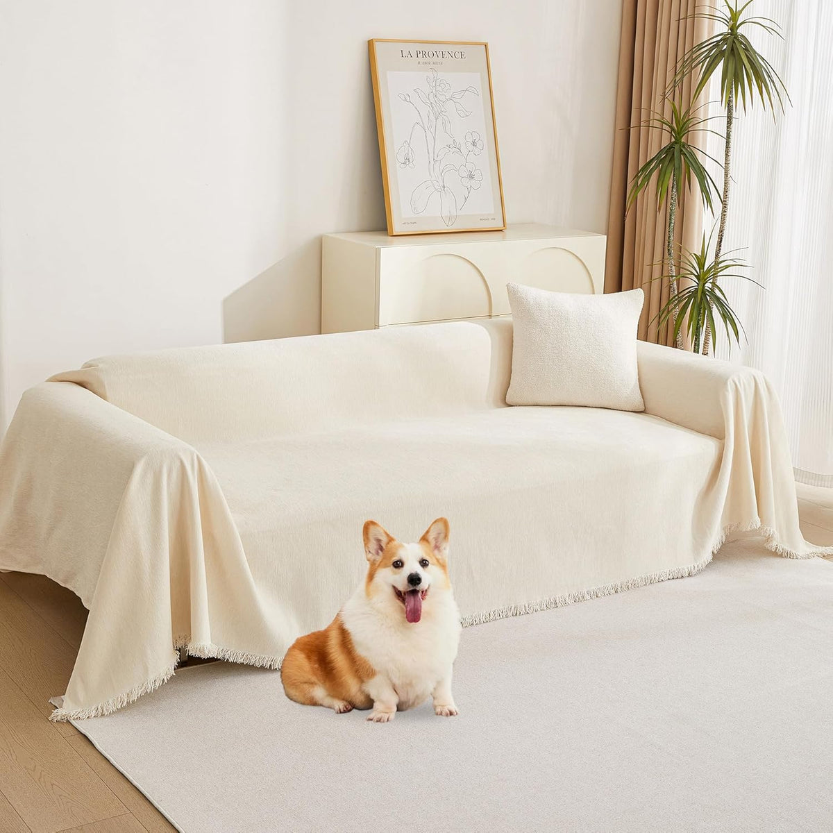 Couch Cover for Pets, Beige Couch Covers for 2 Cushion Couch Sofa, Sofa Slipcover Sectional L Shape Chenille Covers for Pets, Throw Couch for Dogs, Kids,71" X118"