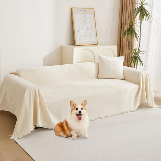 Couch Cover for Pets, Beige Couch Covers for 2 Cushion Couch Sofa, Sofa Slipcover Sectional L Shape Chenille Covers for Pets, Throw Couch for Dogs, Kids,71" X118"