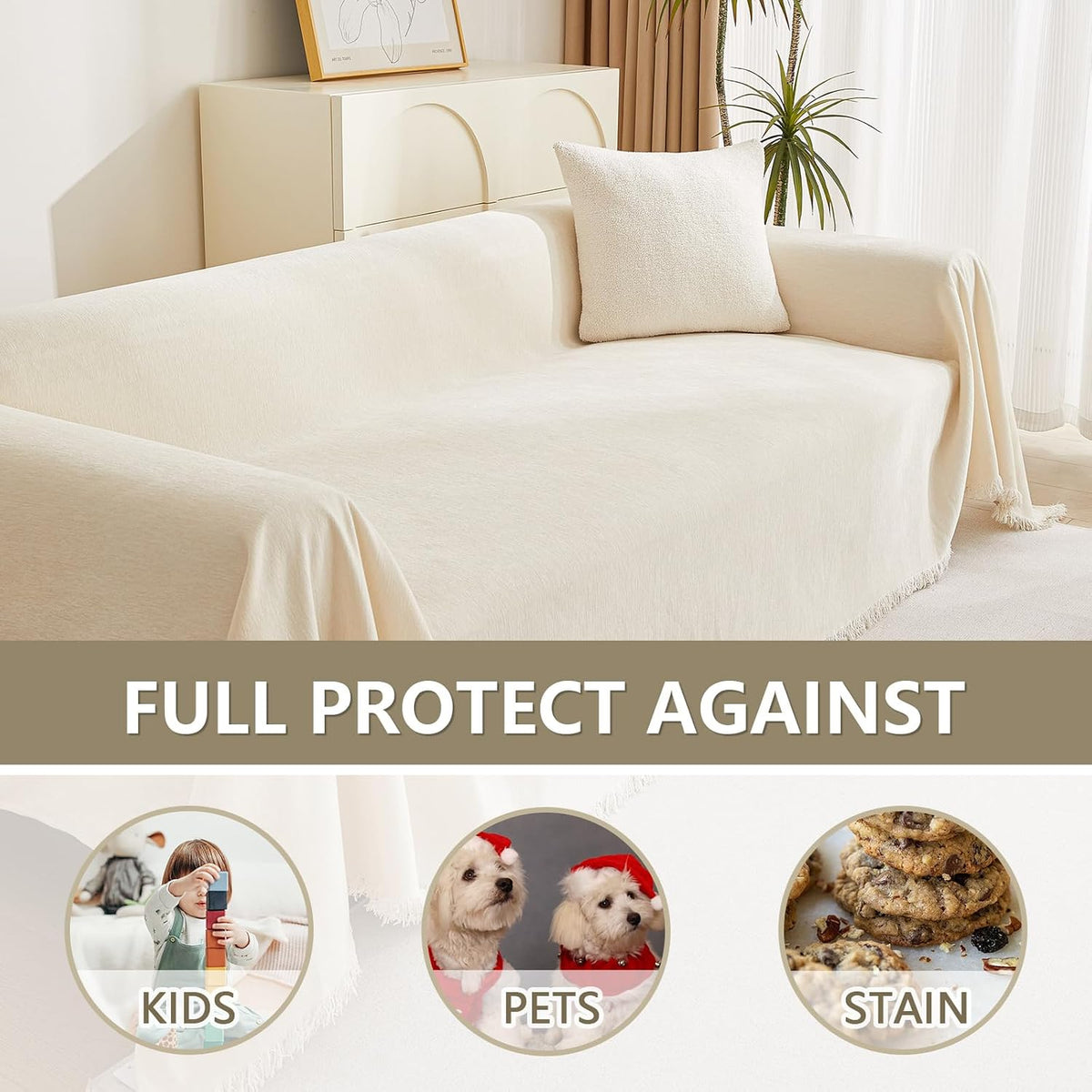 Couch Cover for Pets, Beige Couch Covers for 2 Cushion Couch Sofa, Sofa Slipcover Sectional L Shape Chenille Covers for Pets, Throw Couch for Dogs, Kids,71" X118"
