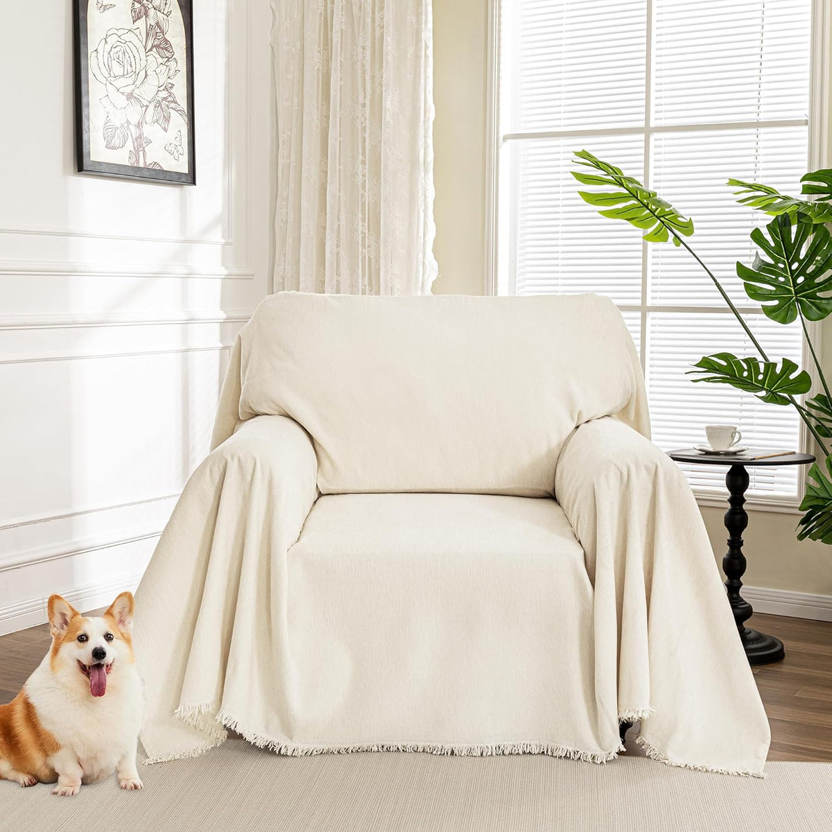 Couch Cover for Pets, Beige Couch Covers for 2 Cushion Couch Sofa, Sofa Slipcover Sectional L Shape Chenille Covers for Pets, Throw Couch for Dogs, Kids,71" X118"