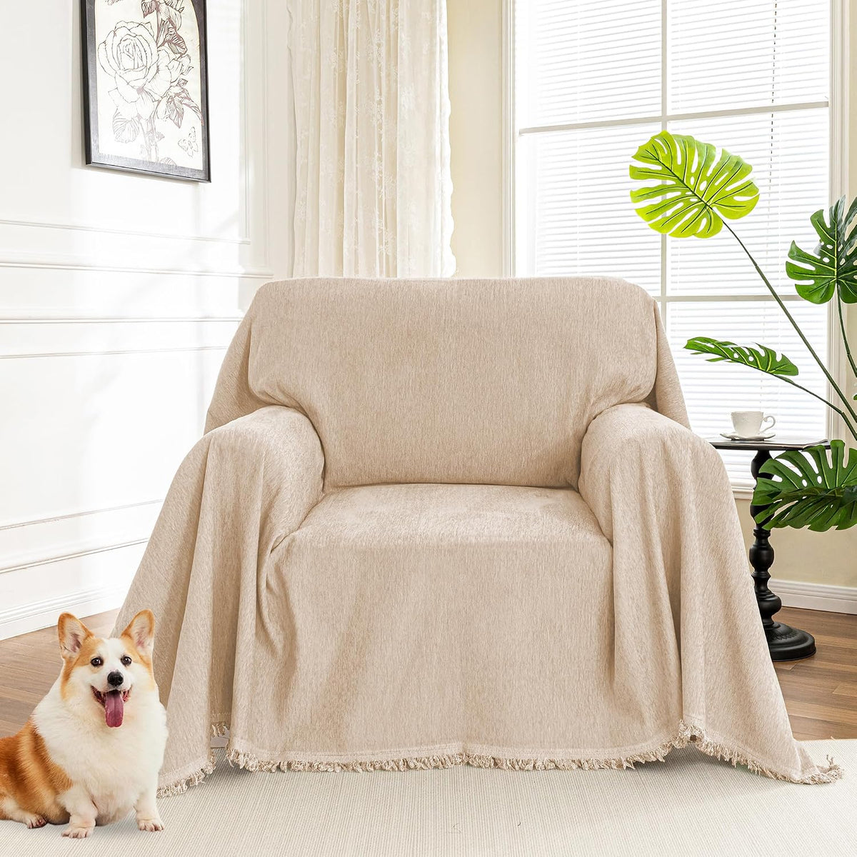 Couch Cover for Pets, Beige Couch Covers for 2 Cushion Couch Sofa, Sofa Slipcover Sectional L Shape Chenille Covers for Pets, Throw Couch for Dogs, Kids,71" X118"