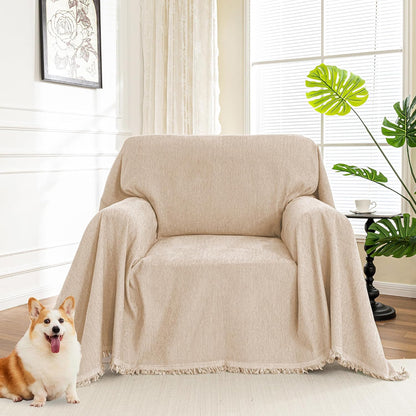 Couch Cover for Pets, Beige Couch Covers for 2 Cushion Couch Sofa, Sofa Slipcover Sectional L Shape Chenille Covers for Pets, Throw Couch for Dogs, Kids,71" X118"