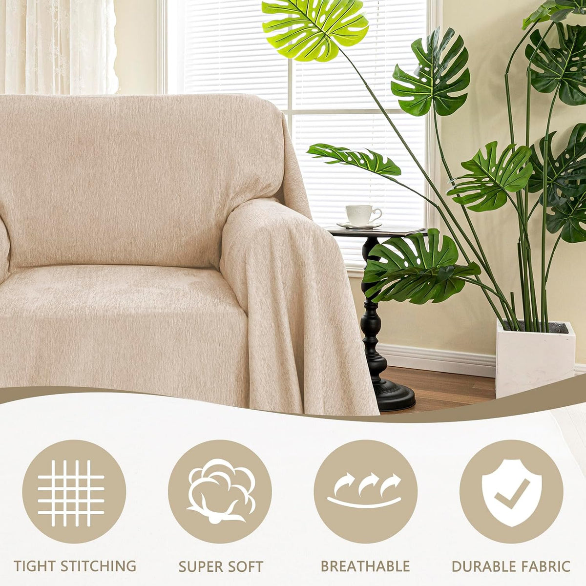 Couch Cover for Pets, Beige Couch Covers for 2 Cushion Couch Sofa, Sofa Slipcover Sectional L Shape Chenille Covers for Pets, Throw Couch for Dogs, Kids,71" X118"