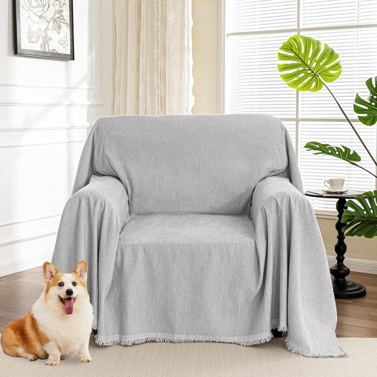 Couch Cover for Pets, Beige Couch Covers for 2 Cushion Couch Sofa, Sofa Slipcover Sectional L Shape Chenille Covers for Pets, Throw Couch for Dogs, Kids,71" X118"