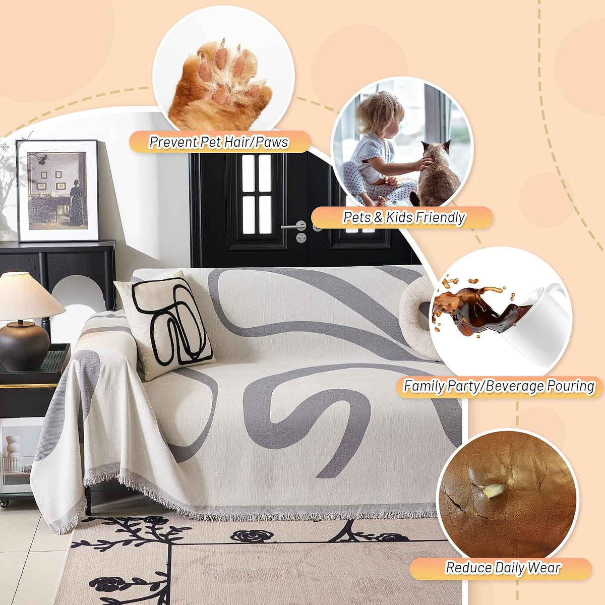 Couch Cover for Pets, Beige Couch Covers for 2 Cushion Couch Sofa, Sofa Slipcover Sectional L Shape Chenille Covers for Pets, Throw Couch for Dogs, Kids,71" X118"