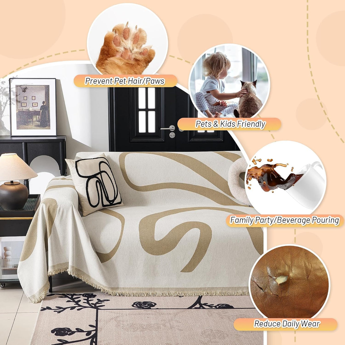 Couch Cover for Pets, Beige Couch Covers for 2 Cushion Couch Sofa, Sofa Slipcover Sectional L Shape Chenille Covers for Pets, Throw Couch for Dogs, Kids,71" X118"