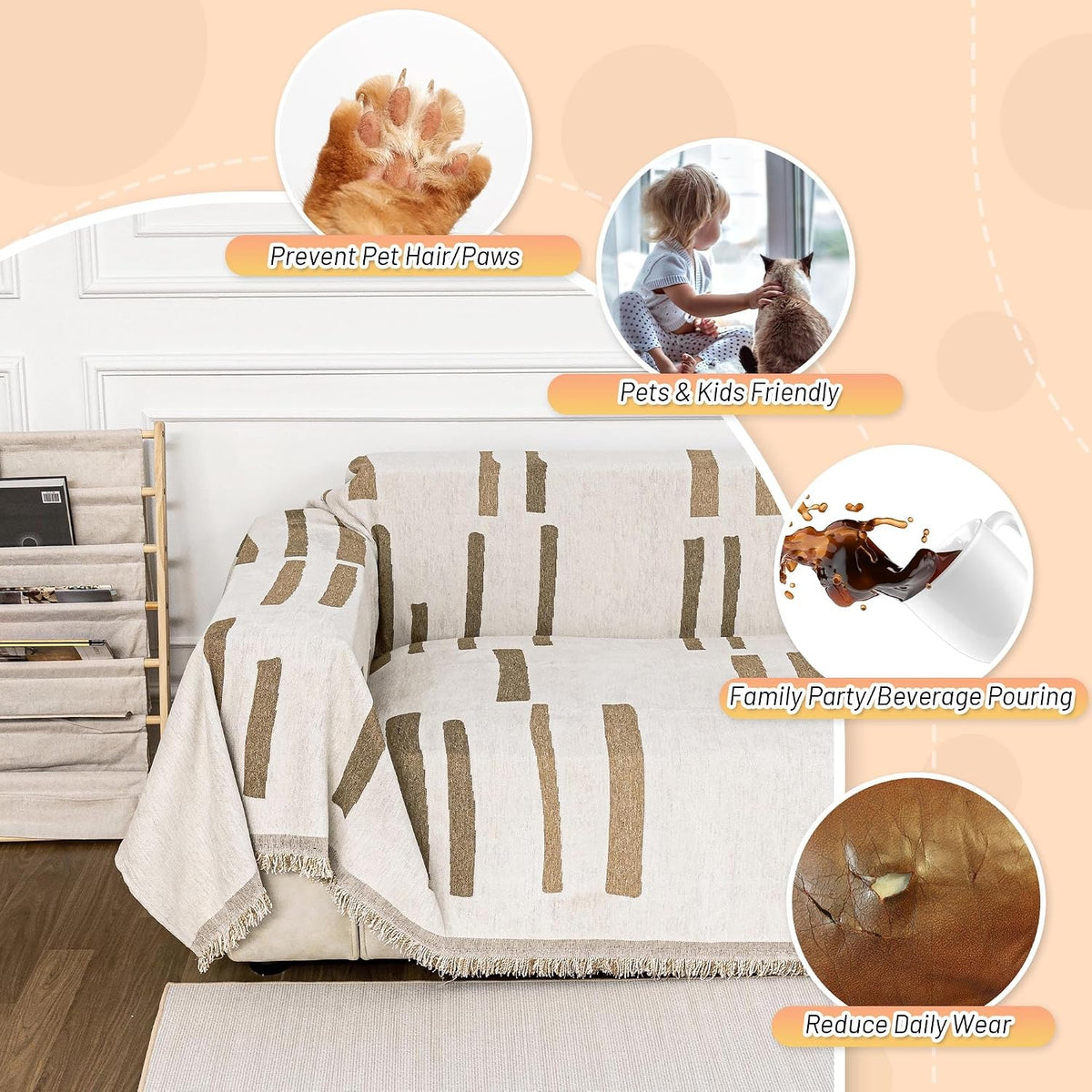 Couch Cover for Pets, Beige Couch Covers for 2 Cushion Couch Sofa, Sofa Slipcover Sectional L Shape Chenille Covers for Pets, Throw Couch for Dogs, Kids,71" X118"