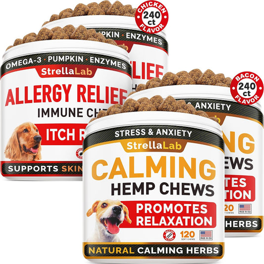 Allergy Relief + Hemp Calming Dogs Bundle - Itchy Skin Treatment + Anxiety Relief - Omega 3 & Pumpkin + w/Hemp Oil - Dogs Itching & Licking + Storm, Separation, Barking - 480 Chews - Made in USA