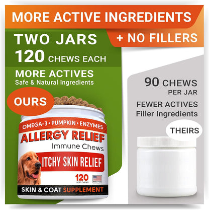 Allergy Relief + Hemp Calming Dogs Bundle - Itchy Skin Treatment + Anxiety Relief - Omega 3 & Pumpkin + w/Hemp Oil - Dogs Itching & Licking + Storm, Separation, Barking - 480 Chews - Made in USA