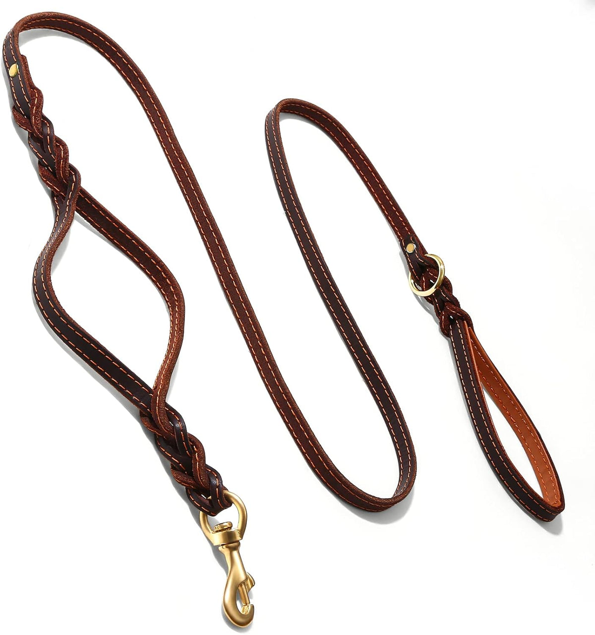Double Handle Leather Dog Leash 6ft, Heavy Duty Braided Dog Leash with Traffic Handle for Small Medium & Large Dogs (Two Handles 6 Foot x 5/8", Brown)