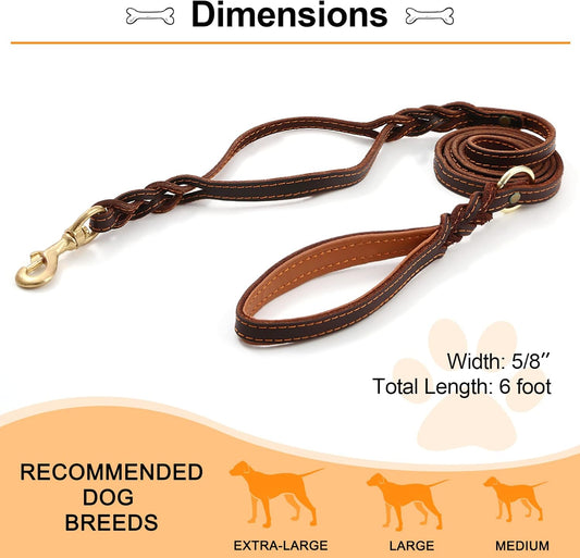 Double Handle Leather Dog Leash 6ft, Heavy Duty Braided Dog Leash with Traffic Handle for Small Medium & Large Dogs (Two Handles 6 Foot x 5/8", Brown)