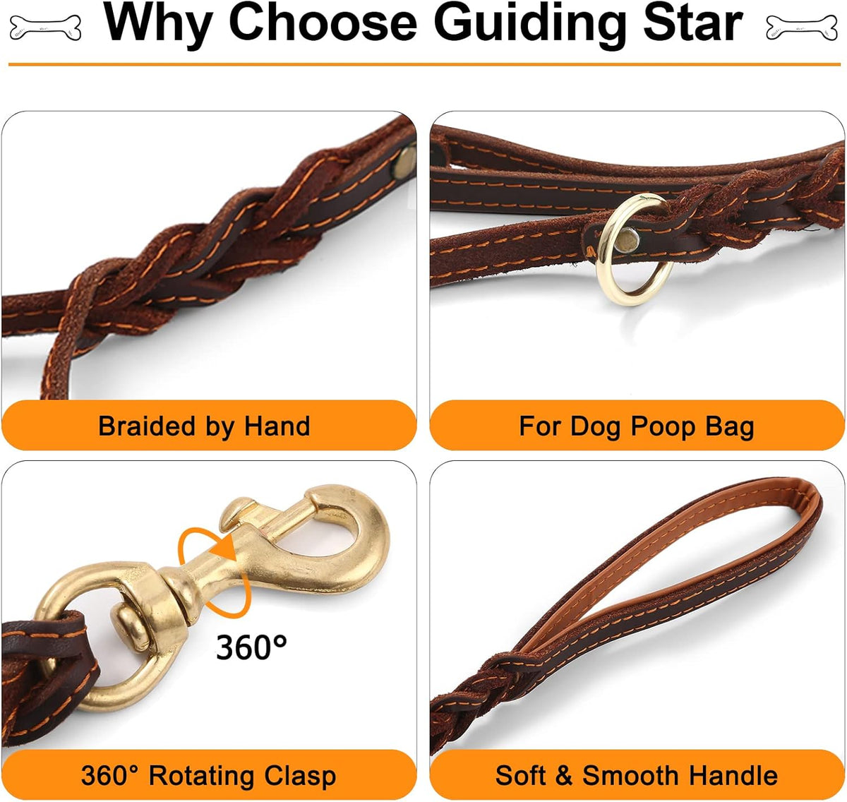 Double Handle Leather Dog Leash 6ft, Heavy Duty Braided Dog Leash with Traffic Handle for Small Medium & Large Dogs (Two Handles 6 Foot x 5/8", Brown)