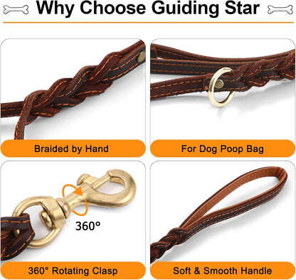 Double Handle Leather Dog Leash 6ft, Heavy Duty Braided Dog Leash with Traffic Handle for Small Medium & Large Dogs (Two Handles 6 Foot x 5/8", Brown)
