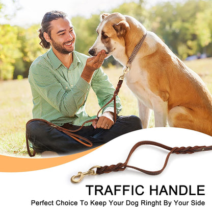 Double Handle Leather Dog Leash 6ft, Heavy Duty Braided Dog Leash with Traffic Handle for Small Medium & Large Dogs (Two Handles 6 Foot x 5/8", Brown)