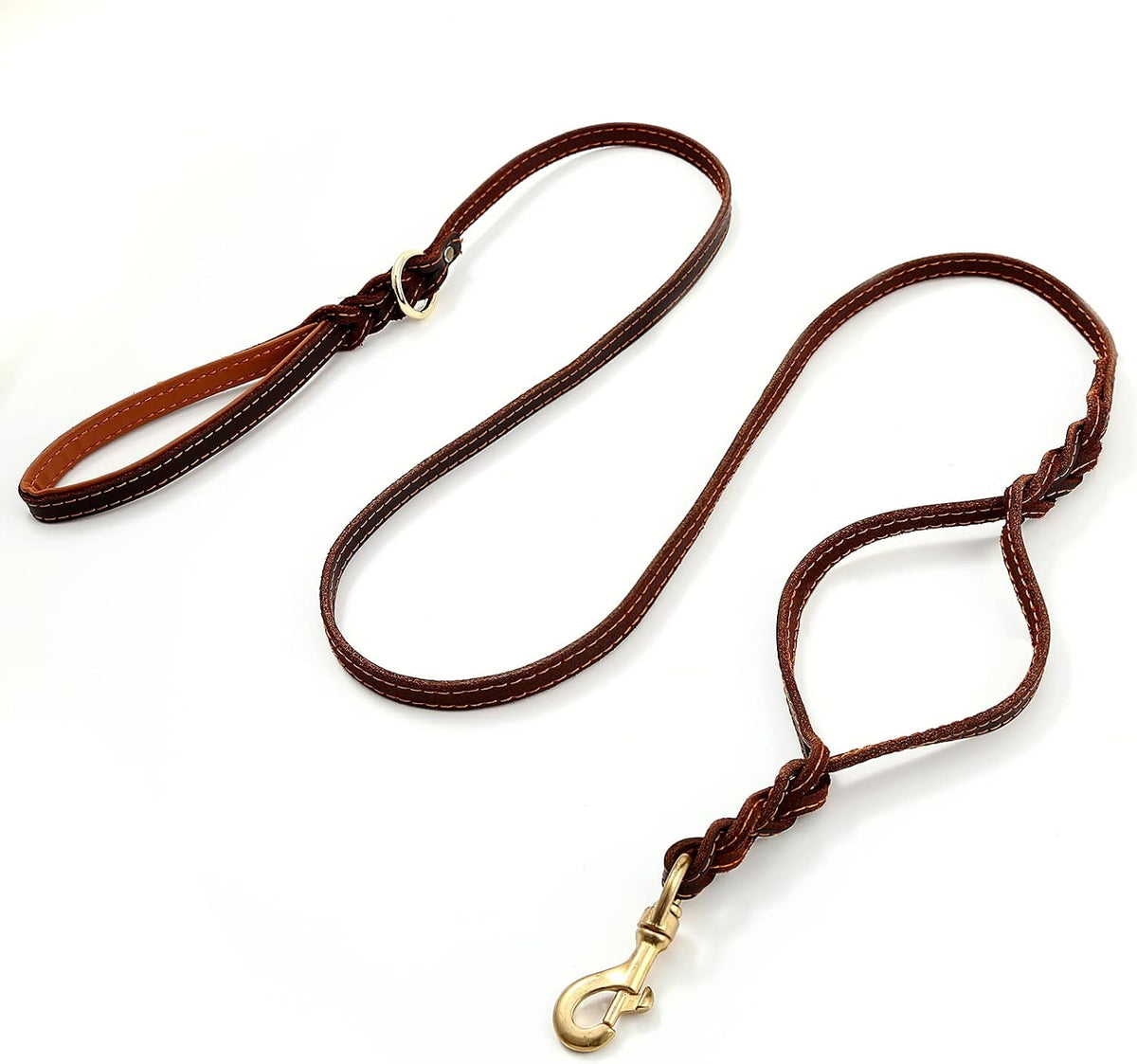Double Handle Leather Dog Leash 6ft, Heavy Duty Braided Dog Leash with Traffic Handle for Small Medium & Large Dogs (Two Handles 6 Foot x 5/8", Brown)