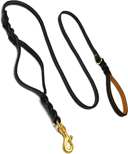 Double Handle Leather Dog Leash 6ft, Heavy Duty Braided Dog Leash with Traffic Handle for Small Medium & Large Dogs (Two Handles 6 Foot x 5/8", Brown)