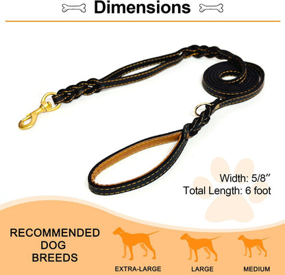 Double Handle Leather Dog Leash 6ft, Heavy Duty Braided Dog Leash with Traffic Handle for Small Medium & Large Dogs (Two Handles 6 Foot x 5/8", Brown)