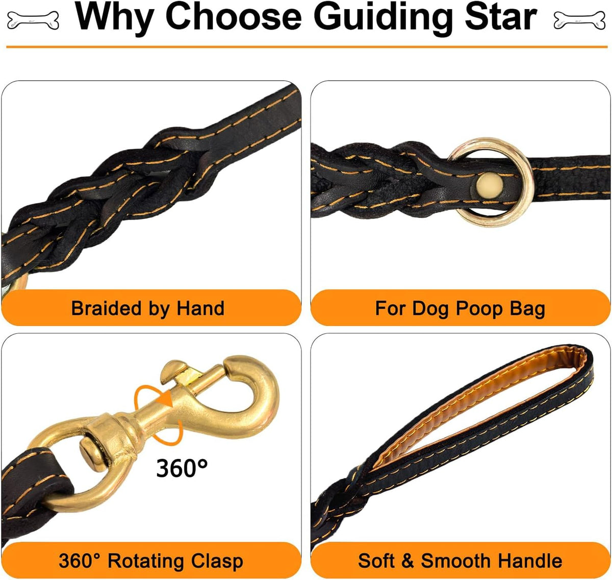 Double Handle Leather Dog Leash 6ft, Heavy Duty Braided Dog Leash with Traffic Handle for Small Medium & Large Dogs (Two Handles 6 Foot x 5/8", Brown)