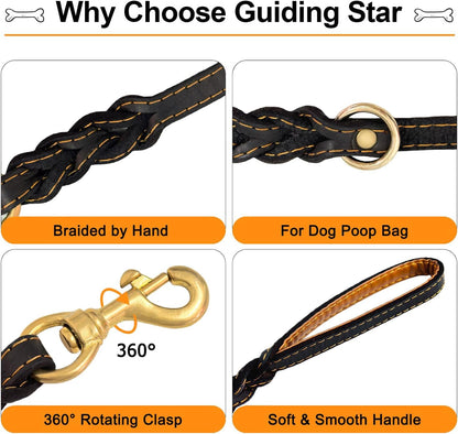 Double Handle Leather Dog Leash 6ft, Heavy Duty Braided Dog Leash with Traffic Handle for Small Medium & Large Dogs (Two Handles 6 Foot x 5/8", Brown)