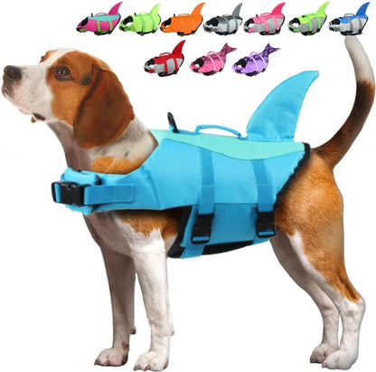 Dog Life Jacket Shark, Dog Life Vests for Small, Middle, Large Dogs with Rescue Handle Pet Flotation Vest Safety Lifesaver for Swimming Pool Beach Boating, (S,Pool Blue)