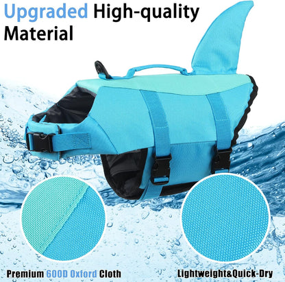 Dog Life Jacket Shark, Dog Life Vests for Small, Middle, Large Dogs with Rescue Handle Pet Flotation Vest Safety Lifesaver for Swimming Pool Beach Boating, (S,Pool Blue)