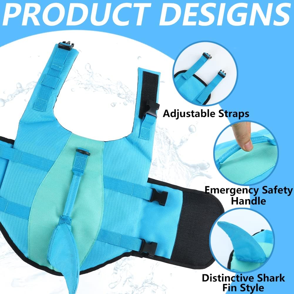 Dog Life Jacket Shark, Dog Life Vests for Small, Middle, Large Dogs with Rescue Handle Pet Flotation Vest Safety Lifesaver for Swimming Pool Beach Boating, (S,Pool Blue)