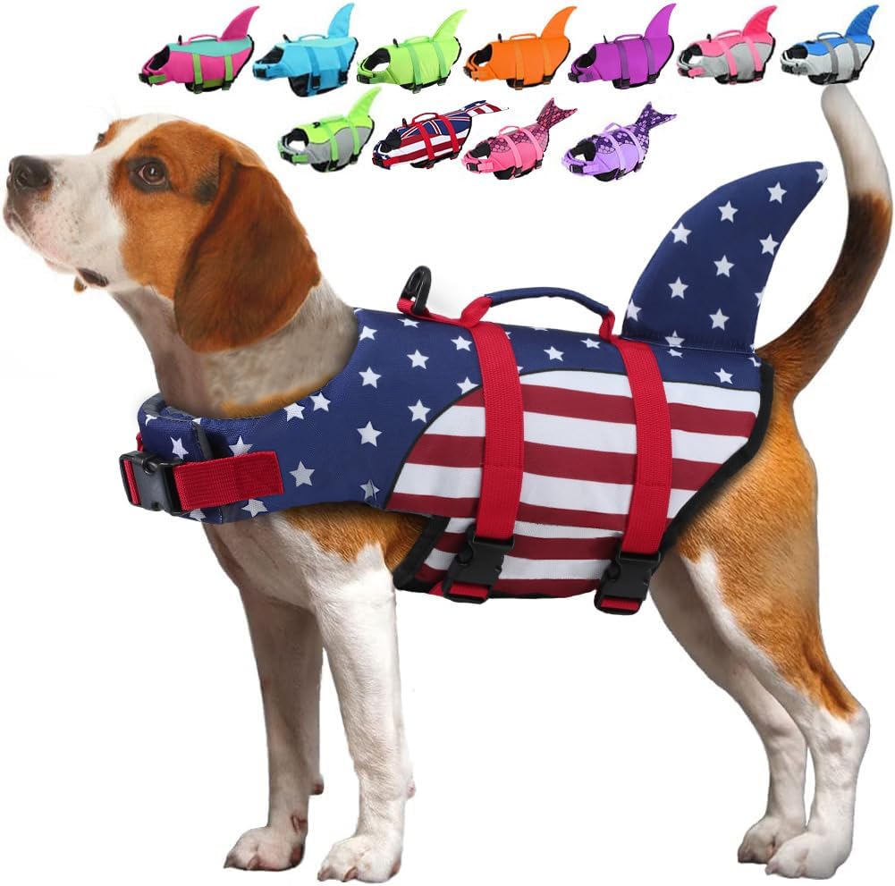 Dog Life Jacket Shark, Dog Life Vests for Small, Middle, Large Dogs with Rescue Handle Pet Flotation Vest Safety Lifesaver for Swimming Pool Beach Boating, (S,Pool Blue)