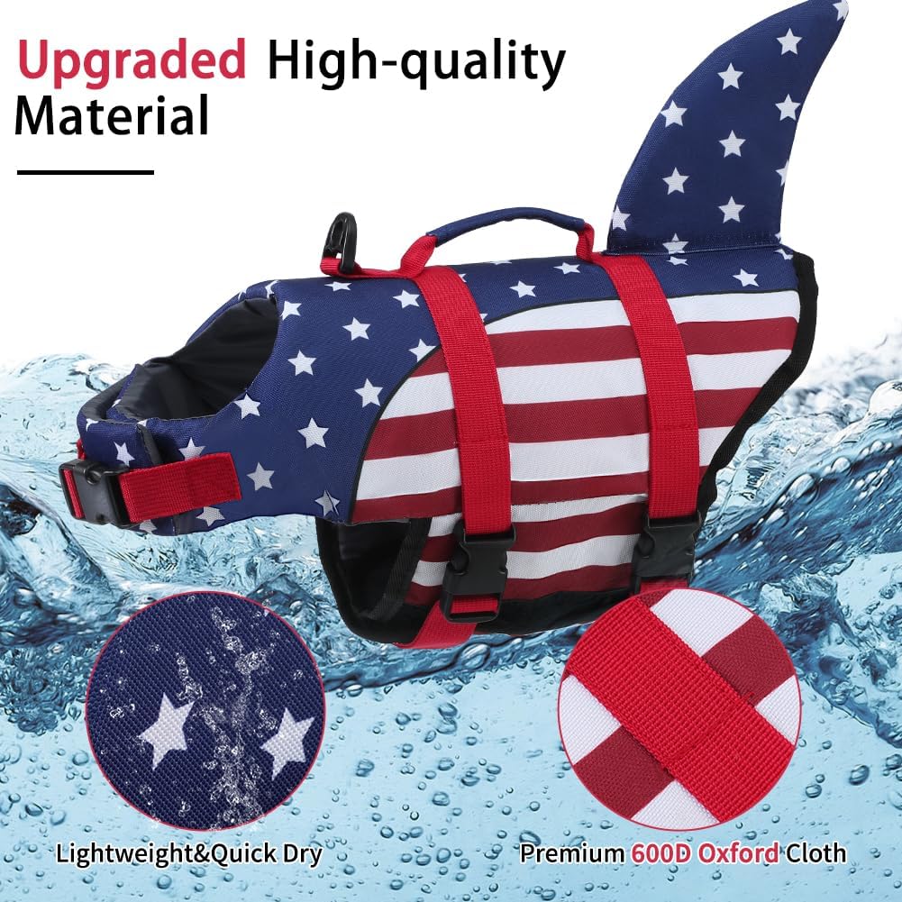 Dog Life Jacket Shark, Dog Life Vests for Small, Middle, Large Dogs with Rescue Handle Pet Flotation Vest Safety Lifesaver for Swimming Pool Beach Boating, (S,Pool Blue)
