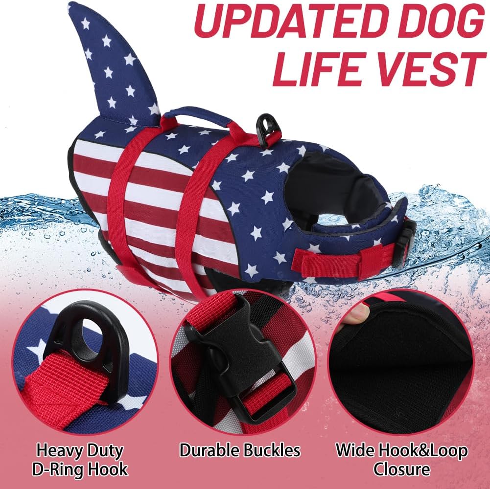 Dog Life Jacket Shark, Dog Life Vests for Small, Middle, Large Dogs with Rescue Handle Pet Flotation Vest Safety Lifesaver for Swimming Pool Beach Boating, (S,Pool Blue)