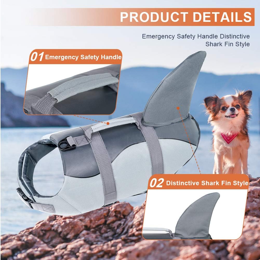 Dog Life Jacket Shark, Dog Life Vests for Small, Middle, Large Dogs with Rescue Handle Pet Flotation Vest Safety Lifesaver for Swimming Pool Beach Boating, (S,Pool Blue)