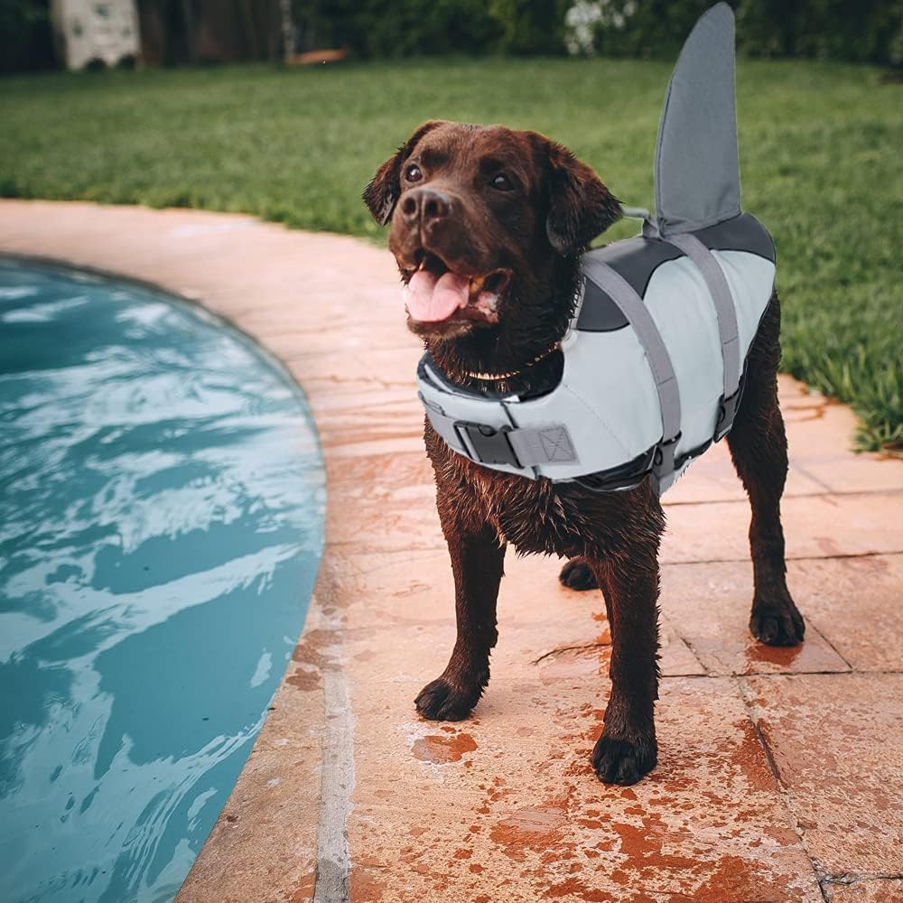 Dog Life Jacket Shark, Dog Life Vests for Small, Middle, Large Dogs with Rescue Handle Pet Flotation Vest Safety Lifesaver for Swimming Pool Beach Boating, (S,Pool Blue)